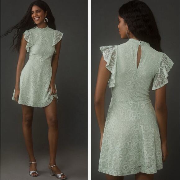 Anthropologie Maeve Flutter-Sleeve Mock-Neck Mini Dress Womens L Moss Mint Green - Picture 1 of 5